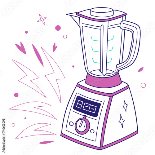 Modern kitchen blender with digital display and speed control dial surrounded by playful lightning bolts and dots