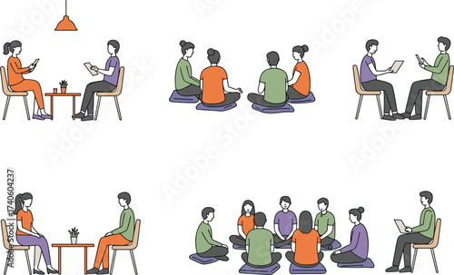 Team discussion group sitting illustration, people talking communication concept, office coworkers meeting, brainstorming teamwork, casual c