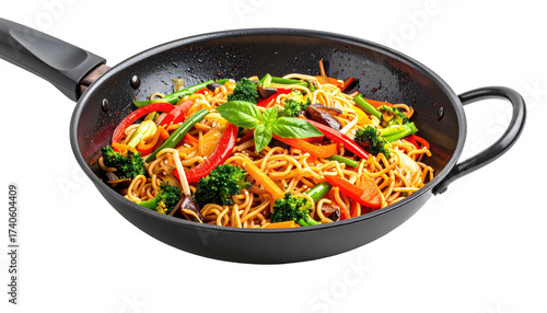 Stir-fried noodles with colorful vegetables in a black wok