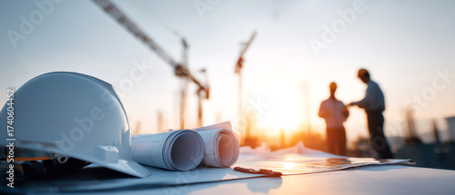 Construction site at sunset with a white safety helmet and rolled blueprints in the foreground and two workers discussing plans in the blurred background