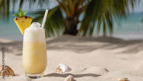 Fototapeta Naklejka Na Ścianę i Meble -  Refreshing Pi?a Colada cocktail on a sandy tropical beach with palm trees.