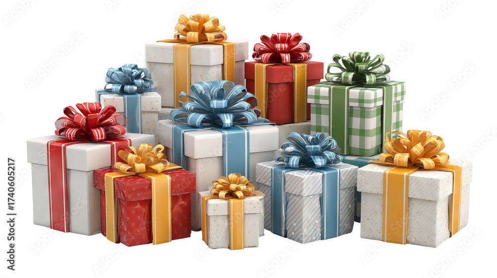 Obraz premium Colorful stacked gift boxes with bows arranged neatly on plain background minimal festive composition for holiday celebrations packaging design mockups greeting cards web banners 