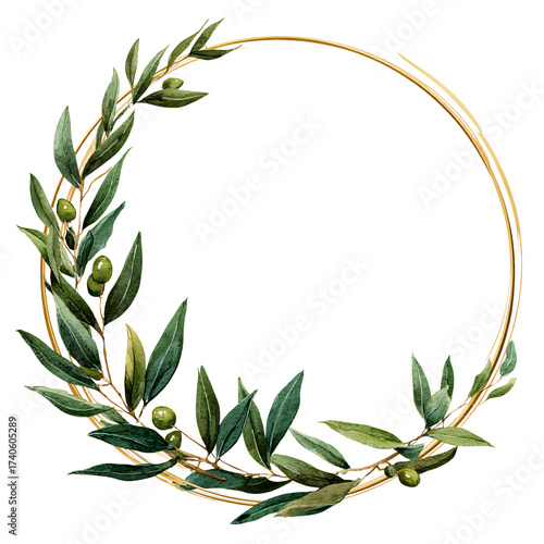 Elegant circular gold frame adorned with olive branch and green olives in watercolor.