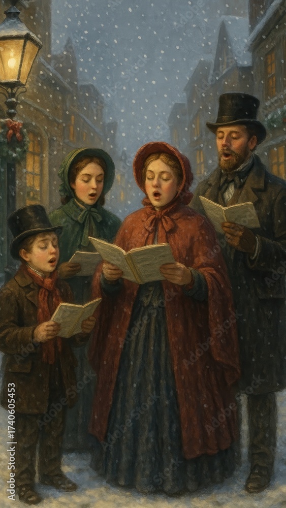 Naklejka premium Victorian carolers singing snow mobile wallpaper