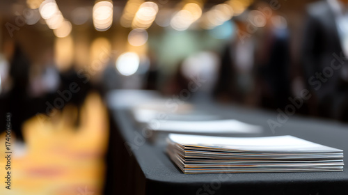 Stacked brochures on a table in a dimly lit event space with blurred attendees and warm bokeh lights in the background