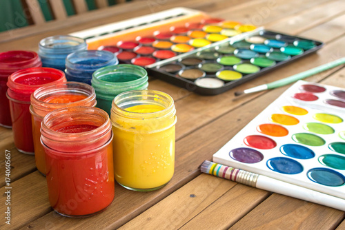 Colorful paint jars and palette arranged neatly on wooden table surface