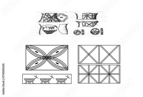Ancient Pottery and Prehistoric Cultural Patterns Illustration