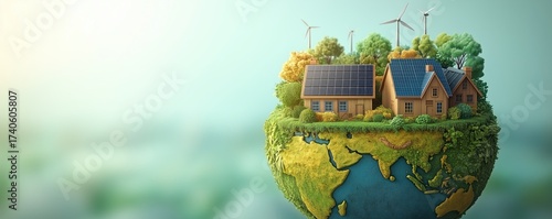 Eco-friendly technology: a home powered by wind turbines and solar panels, reducing carbon footprint and promoting sustainable living for a greener future