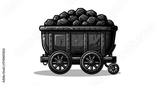 An illustrated coal cart overflowing with black coal, ready for transport.
