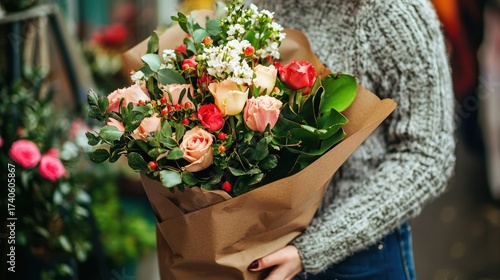 A woman holding a bouquet of flowers in a store.