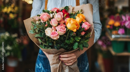 A person holding a bouquet of roses in a flower shop.
