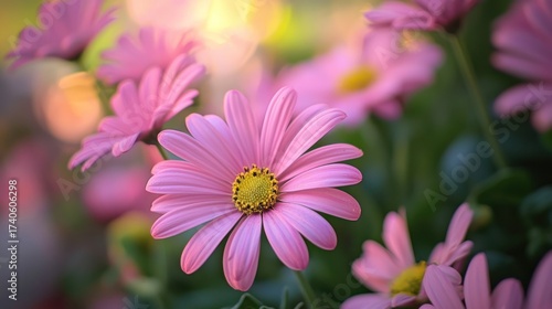 Pink daisy flowers in a garden with a blurred background.