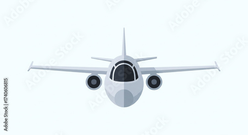 Front view of a white airplane with two engines, isolated on a white background.
