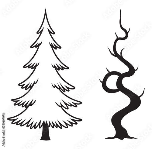 Black and white vector illustrations of a stylized fir tree and a twisted bare tree silhouette.