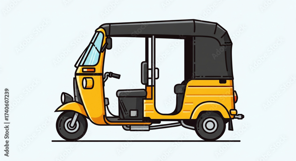 Fototapeta premium A vibrant yellow and black auto-rickshaw illustration, showcasing its design details against a clean background.