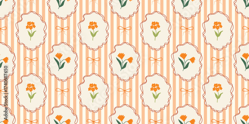 Stripes seamless pattern with hand drawn flower in ribbon frame with bow. floral elegant background. Perfect for decor, fabric, textile, wallpaper