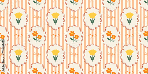 Stripes seamless pattern with hand drawn flower in ribbon frame with bow. floral elegant background. Perfect for decor, fabric, textile, wallpaper