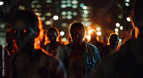 Halloween concept Zombie Apocalypse Scene Zombies lurch toward camera through city streets lit by eerie green glow sticks