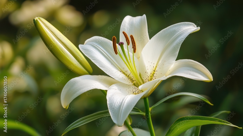 Fototapeta premium A white lily with green leaves in a garden setting.