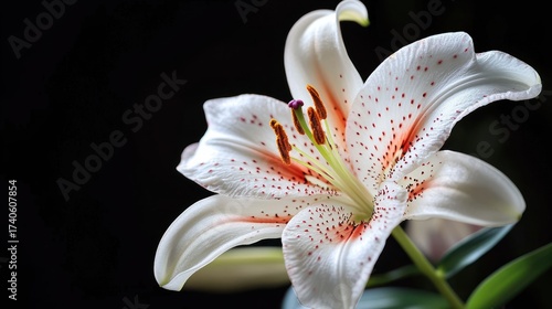 A white lily with red spots against a black background.
