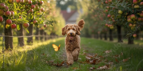 Adorable Fluffy Dog Running in Lush Orchard at Sunset, Autumn Nature Scene with Apple Trees, Joyful Pet Outdoors
