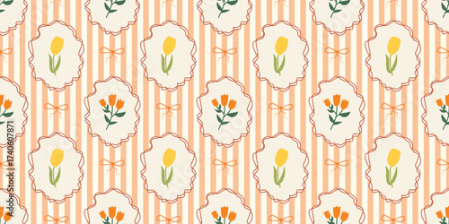 Stripes seamless pattern with hand drawn flower in ribbon frame with bow. floral elegant background. Perfect for decor, fabric, textile, wallpaper