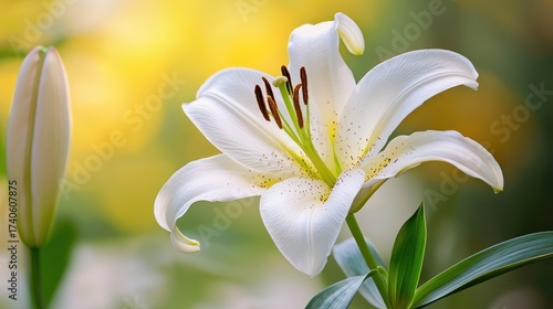 A white lily with green stamen and yellow spots on its petals, set against a blurred yellow background.