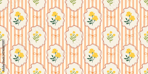 Stripes seamless pattern with hand drawn flower in ribbon frame with bow. floral elegant background. Perfect for decor, fabric, textile, wallpaper