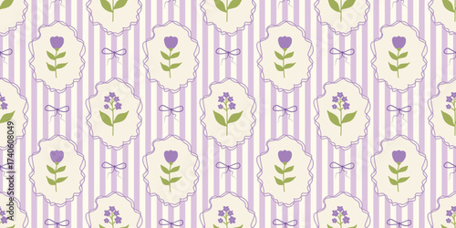Stripes seamless pattern with hand drawn flower in ribbon frame with bow. floral elegant background. Perfect for decor, fabric, textile, wallpaper