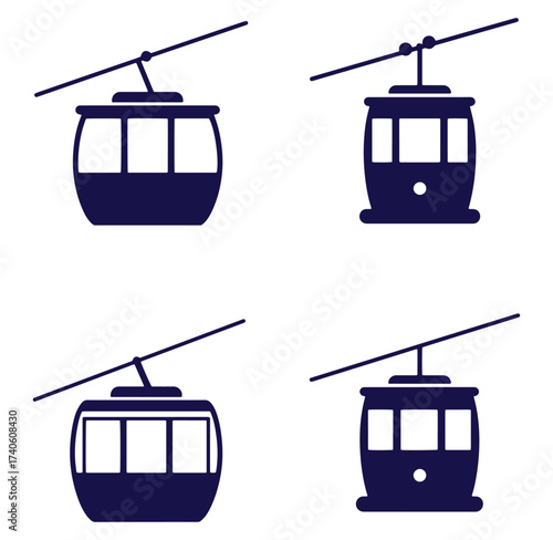 Set of dark blue stylized cable car illustrations isolated on white background