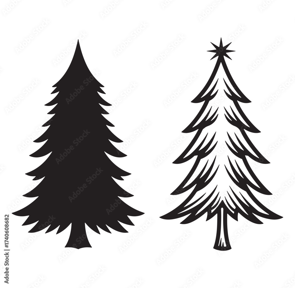 Obraz premium Simple black and white silhouettes of two different christmas trees for holiday designs