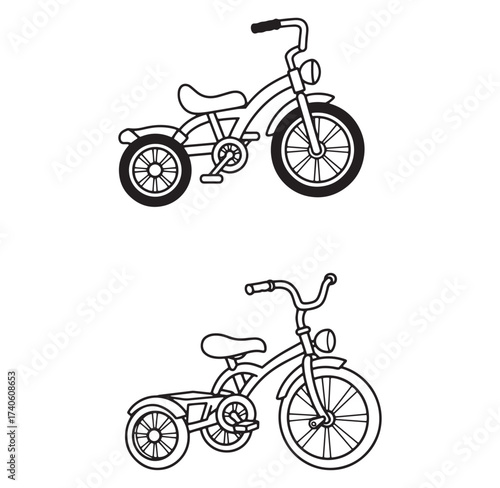 Simple black and white outlines of two childrens classic tricycle designs