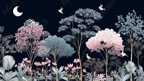 Elegant botanical night forest with moon and birds
