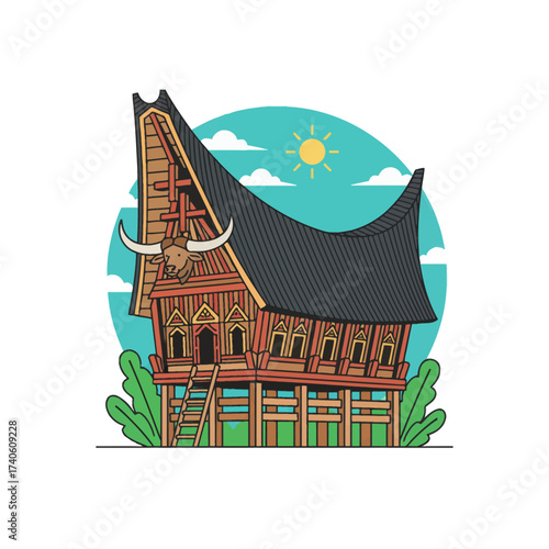 High-Roof House Vector Flat vector illustration of Mamasa's Banua Layuk. Wooden stilt house with vibrant colors. High-res for infographics & posters.