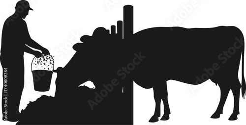 Farmer feeding cow with bucket, livestock silhouettes, rural agriculture scene, farm animal care, black vector illustration, village farming, cattle feeding concept