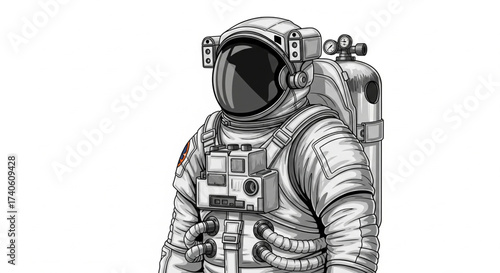 Full-body illustration of an astronaut in a spacesuit, featuring a helmet, oxygen tanks, and detailed design.