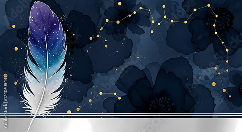 Abstract watercolor feather in midnight blue and violet gradients with star-like speckles and gold foil constellation dots.