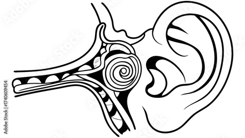 Vector illustration highlighting inner ear structures, including cochlea and semicircular canals, for medical visualization isolated on white background