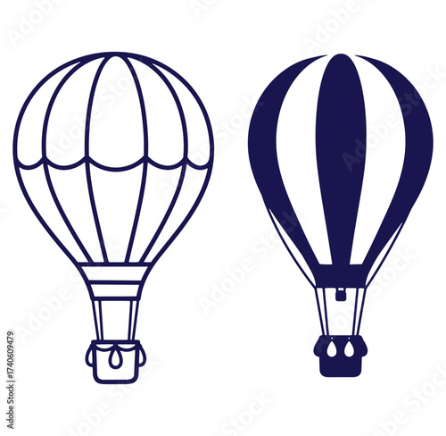 Two simple blue line art hot air balloons isolated on white background
