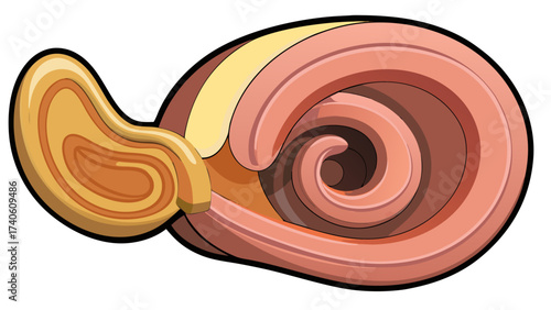 Vector illustration highlighting inner ear structures, including cochlea and semicircular canals, for medical visualization isolated on white background