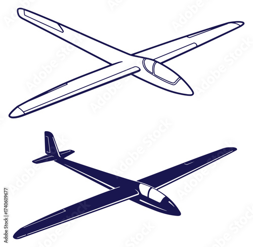 Vector illustration of gliders depicted in outline and solid dark blue colors on white background