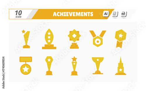 Collection of various golden objects, including stars, cups, and other symbols. Vector Illustration