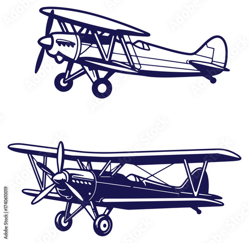 Vector illustrations featuring detailed outlines of two vintage biplane aircraft on a white background