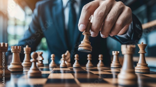 Wallpaper Mural A businessman in a suit playing chess on a wooden chessboard. Torontodigital.ca