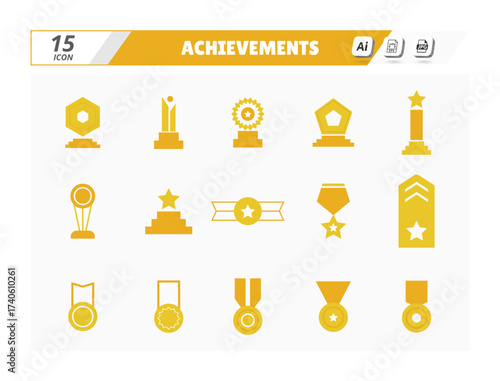 Collection of various golden symbols and icons, including stars, circles, and other shapes. Scene is celebratory and achievement-oriented. Vector Illustration