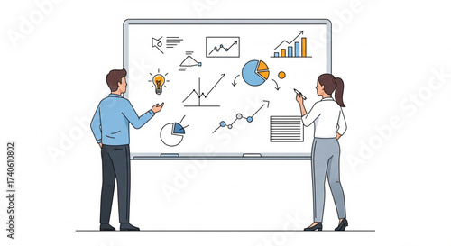 Two individuals collaborating, analyzing data, and presenting information on a whiteboard.