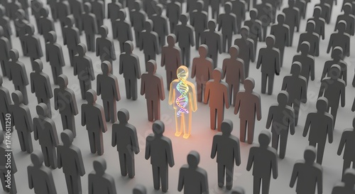 Conceptual image of a unique individual with DNA highlighted, standing out from a crowd of anonymous figures, representing genetic diversity, scientific discovery, and uniqueness.