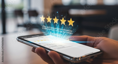 Hand holding a smartphone displaying a glowing five-star rating, symbolizing customer satisfaction and positive feedback in a digital context.