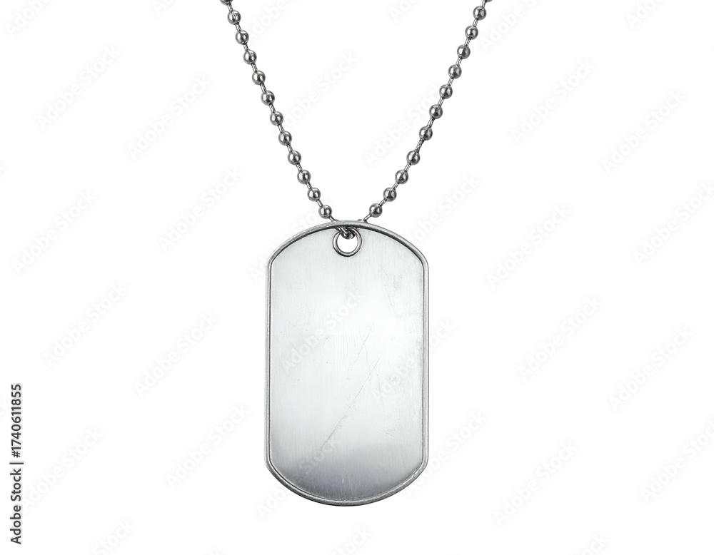 Fototapeta premium A metallic military-style identification tag on a beaded chain against a black backdrop