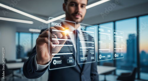 A businessman in a suit interacts with a futuristic holographic display showing financial data and invoices.